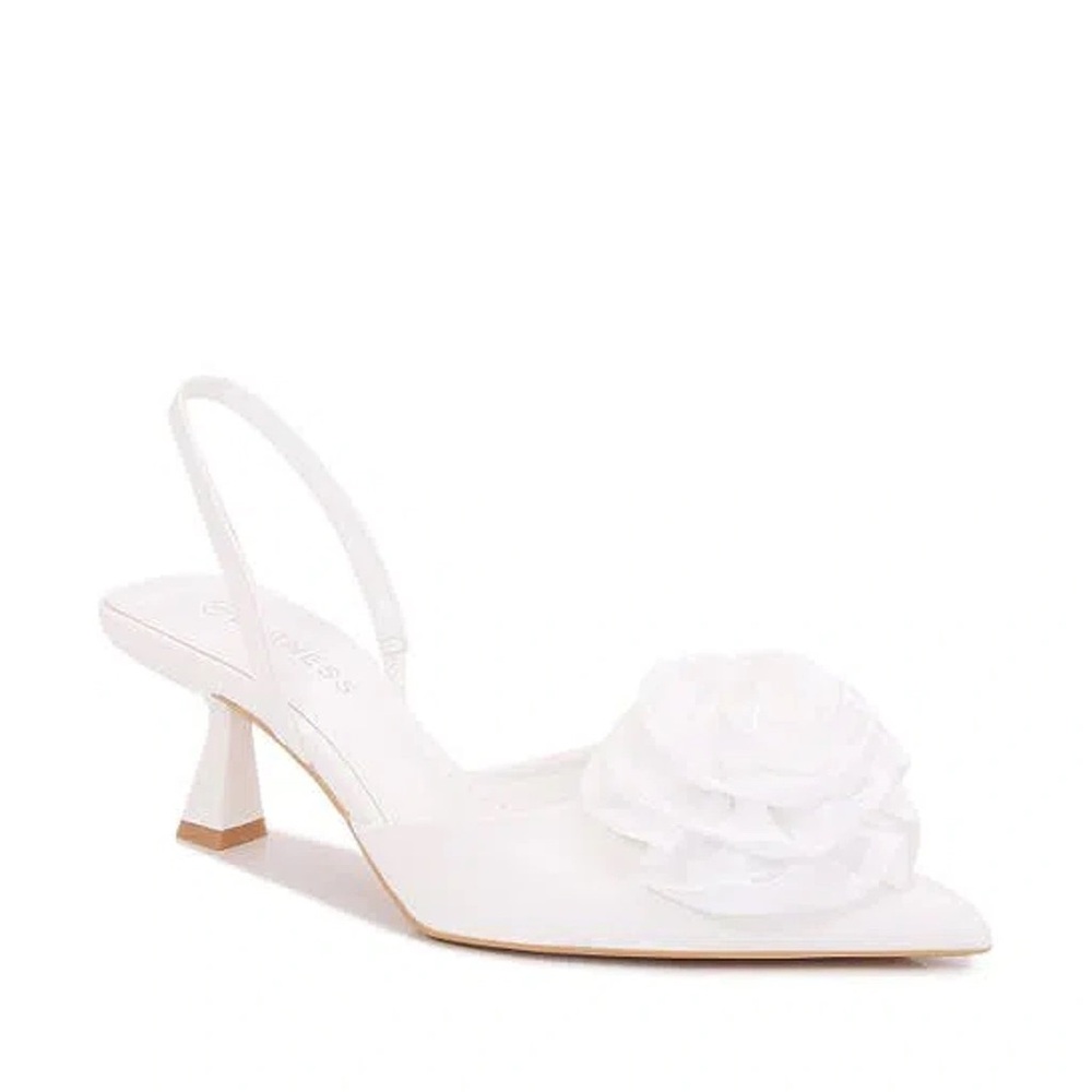 White Floral Slingback Mid-Heel Pumps